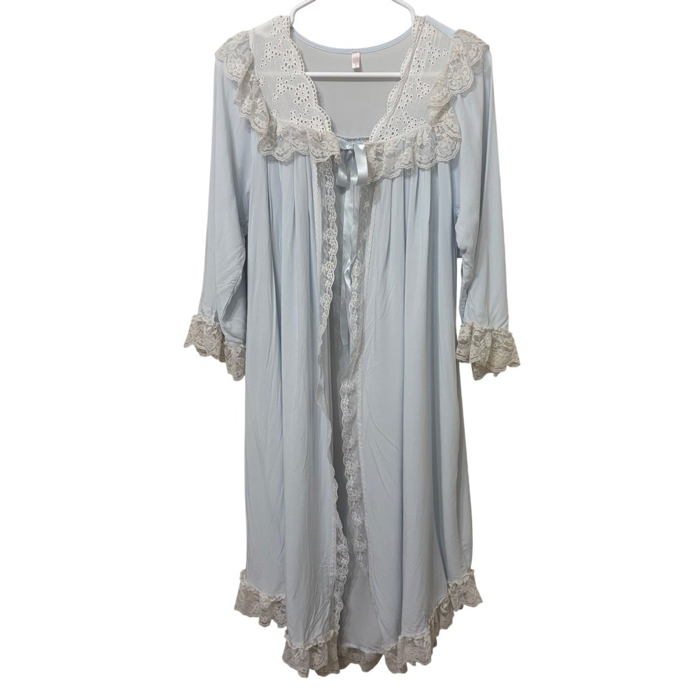 Vintage Light Blue Eyelet Lace Robe Ribbon Tie Cottagecore Romantic Loungewear